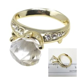 AJC Engagement Ring Brooch Pin Gold Tone Rhinestones Acrylic Retro Oversize Vtg